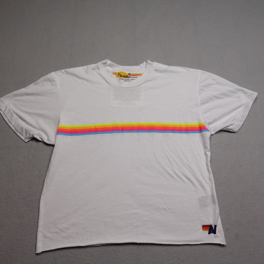 Aviator Nation T-Shirt Men M White Neon Striped Embroidered Crew Neck Retro